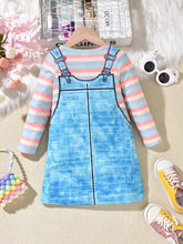 1pc Toddler Girls Cute Unicorn Printed Denim Pinafore Dress With Long Sleeve, For School